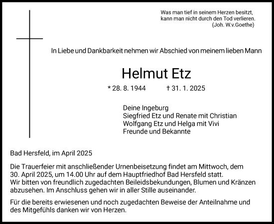 Todesanzeige von Helmut Etz von HZ