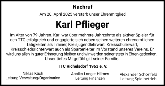 Todesanzeige von Karl Pflieger von HZ