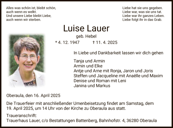 Todesanzeige von Luise Lauer von HZ