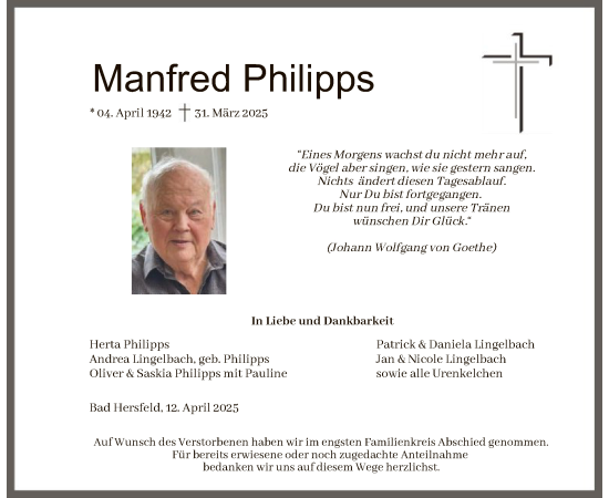 Todesanzeige von Manfred Philipps von HZHNA