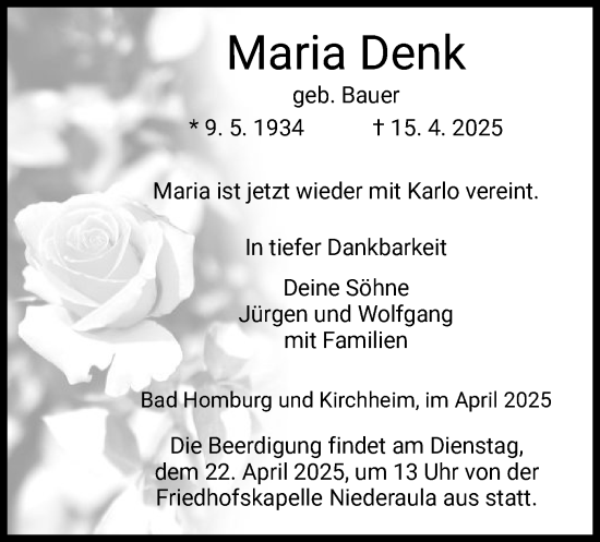 Todesanzeige von Maria Denk von HZ