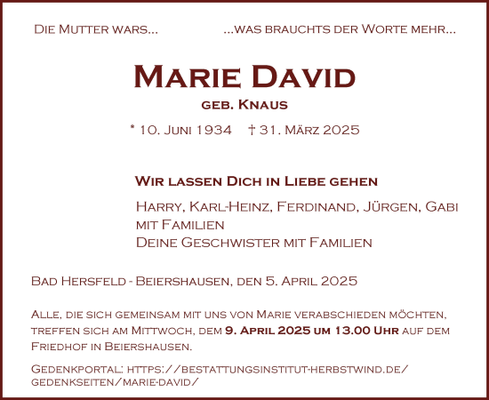 Todesanzeige von Marie David von HZ