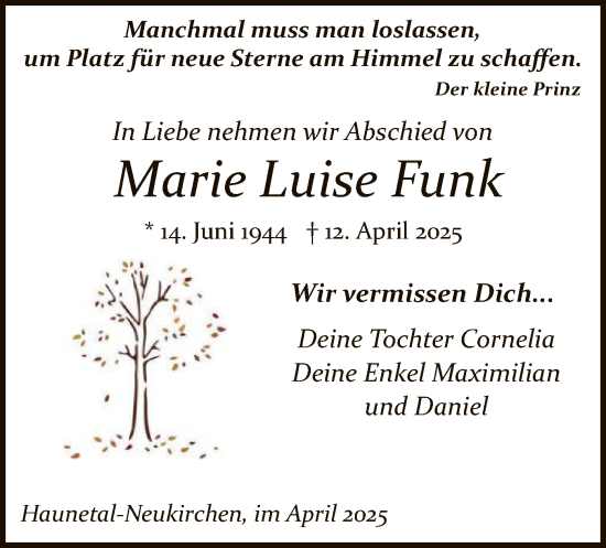 Todesanzeige von Marie Luise Funk von HZ