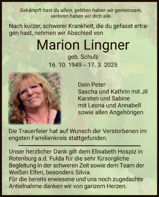 Todesanzeige von Marion Lingner von HZ