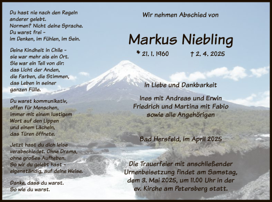 Todesanzeige von Markus Niebling von HZ