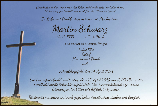 Todesanzeige von Martin Schwarz von HZ