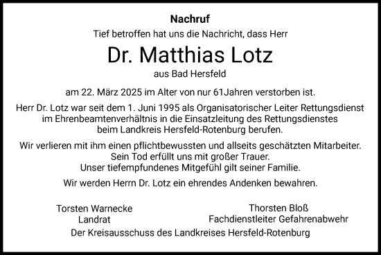 Todesanzeige von Matthias Lotz von HZHNA