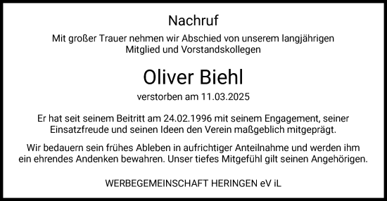 Todesanzeige von Oliver Biehl von HZ