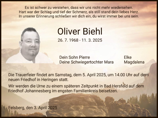 Todesanzeige von Oliver Biehl von HZ