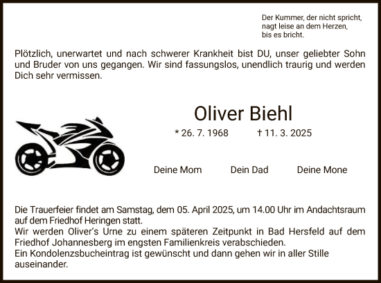 Todesanzeige von Oliver Biehl von HZ