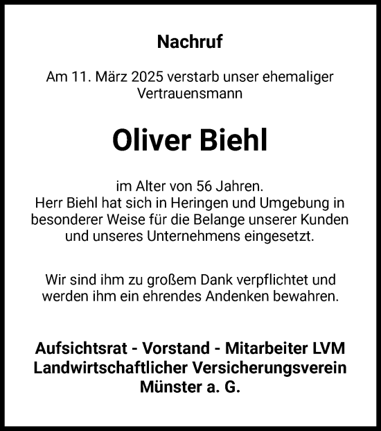 Todesanzeige von Oliver Biehl von HZ