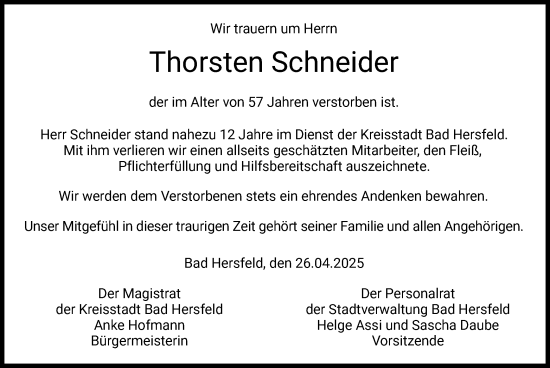 Todesanzeige von Thorsten Schneider von HZ