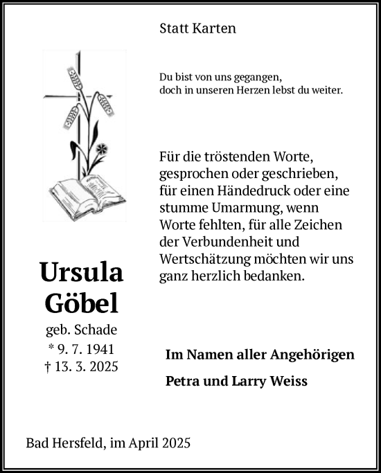 Todesanzeige von Ursula Göbel von HZ