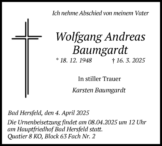 Todesanzeige von Wolfgang Andreas Baumgardt von HZ