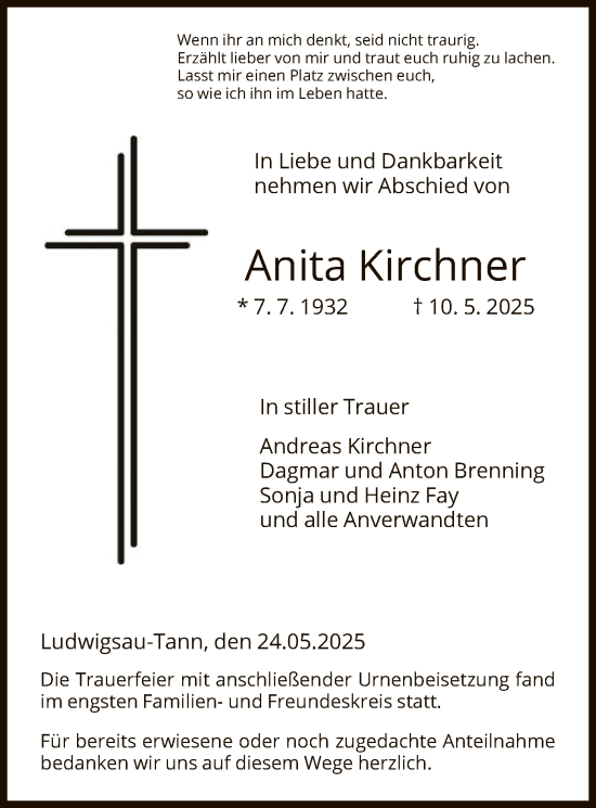 Todesanzeige von Anita Kirchner von HZ