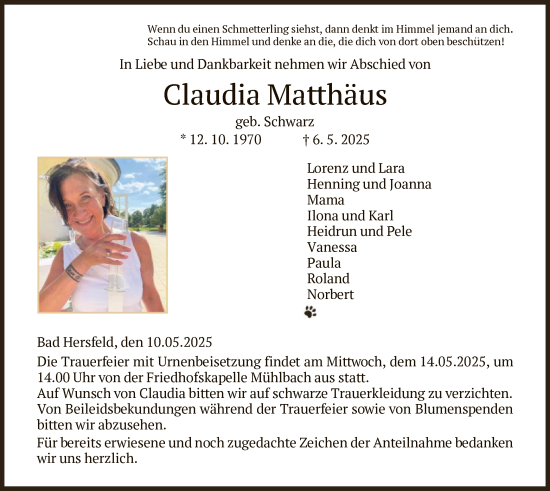 Todesanzeige von Claudia Matthäus von HZ