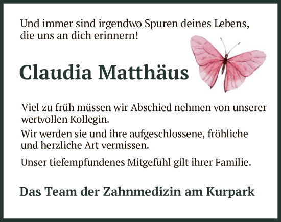 Todesanzeige von Claudia Matthäus von HZ
