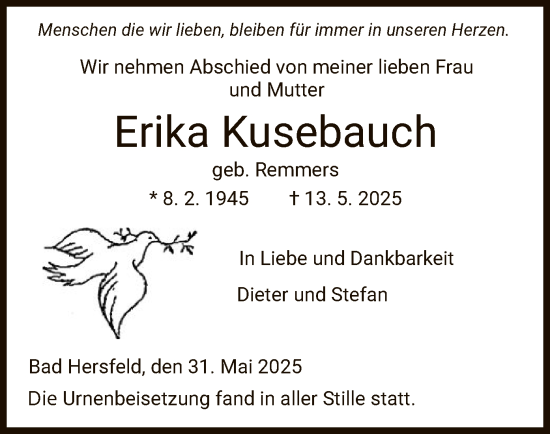 Todesanzeige von Erika Kusebauch von HZ