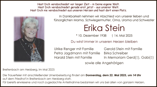 Todesanzeige von Erika Stein von HZ