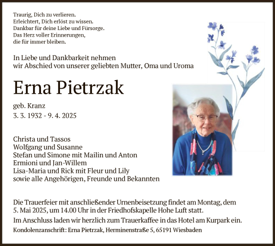 Todesanzeige von Erna Pietrzak von HZ