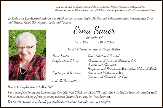 Todesanzeige von Erna Sauer von HZ