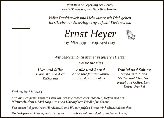Todesanzeige von Ernst Heyer von HZ