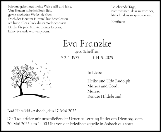 Todesanzeige von Eva Franzke von HZ