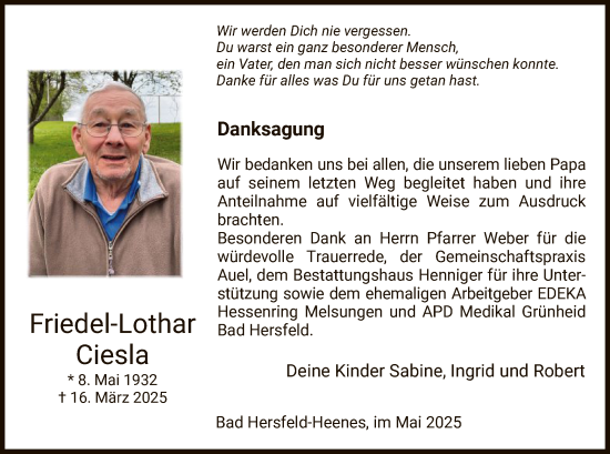 Todesanzeige von Friedel-Lothar Ciesla von HZ
