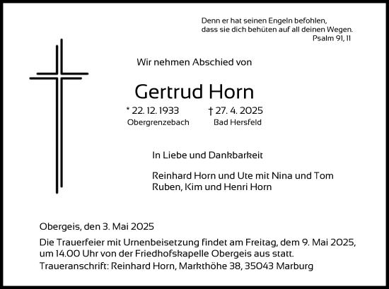 Todesanzeige von Gertrud Horn von HZ
