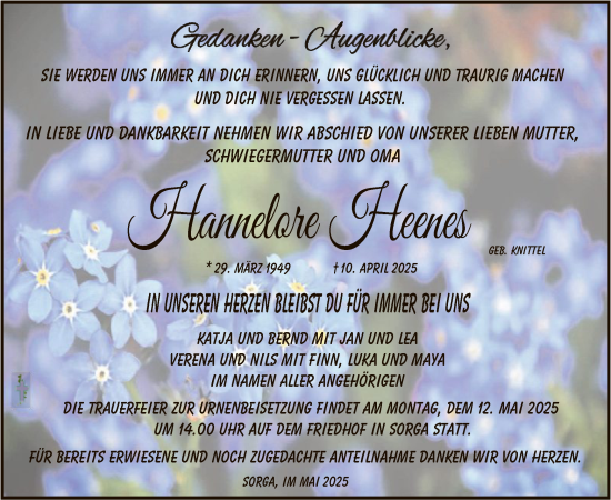 Todesanzeige von Hannelore Heenes von HZ