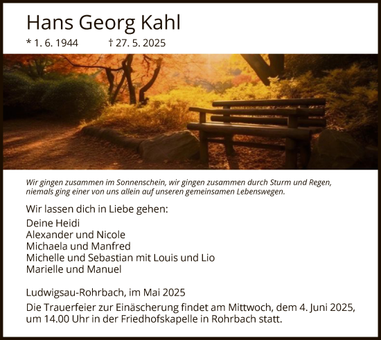Todesanzeige von Hans Georg Kahl von HZ
