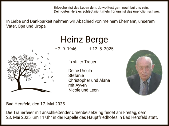 Todesanzeige von Heinz Berge von HZ