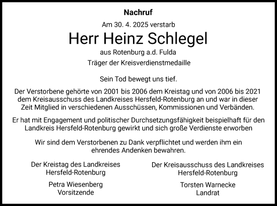 Todesanzeige von Heinz Schlegel von HZHNA