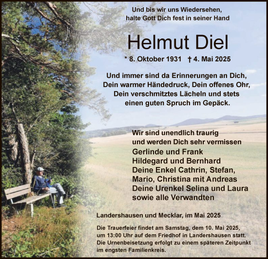 Todesanzeige von Helmut Diel von HZ