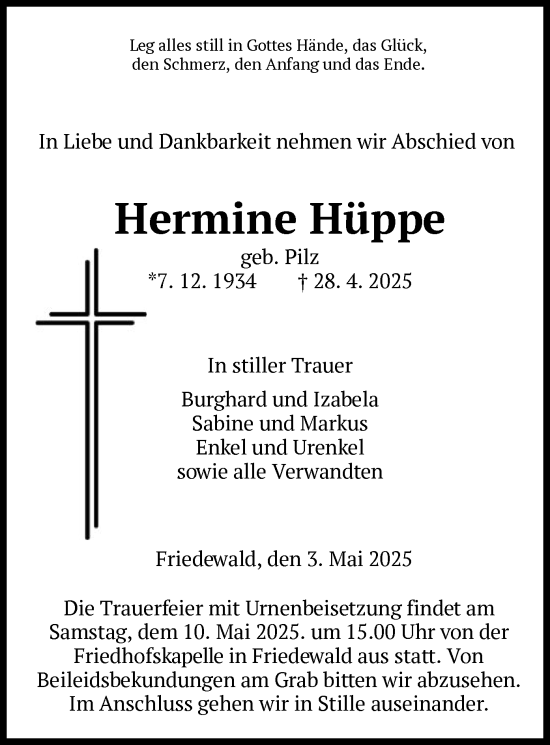 Todesanzeige von Hermine Hüppe von HZ