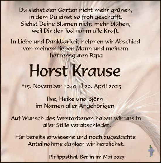 Todesanzeige von Horst Krause von HZHNA