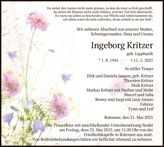 Todesanzeige von Ingeborg Kritzer von HZ
