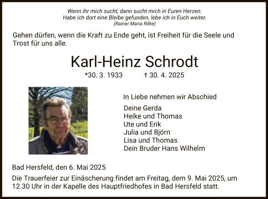 Todesanzeige von Karl-Heinz Schrodt von HZ