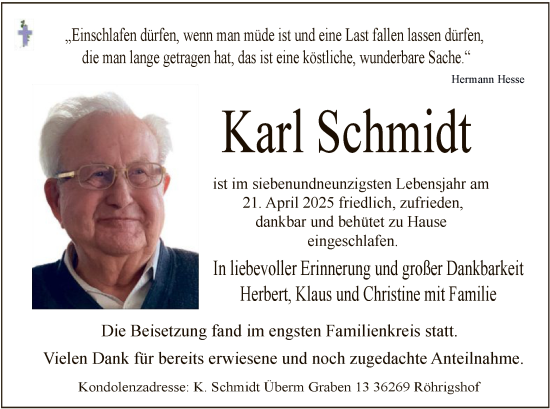 Todesanzeige von Karl Schmidt von HZ