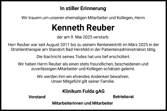 Todesanzeige von Kenneth Reuber von HZ