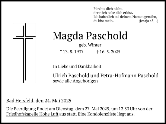 Todesanzeige von Magda Paschold von HZ