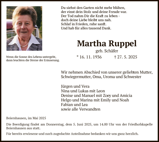 Todesanzeige von Martha Ruppel von HZ