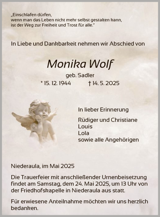 Todesanzeige von Monika Wolf von HZ