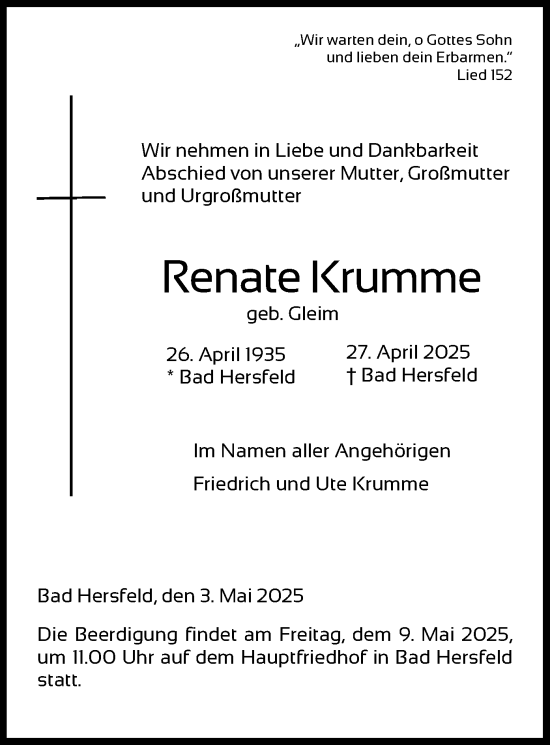 Todesanzeige von Renate Krumme von HZ