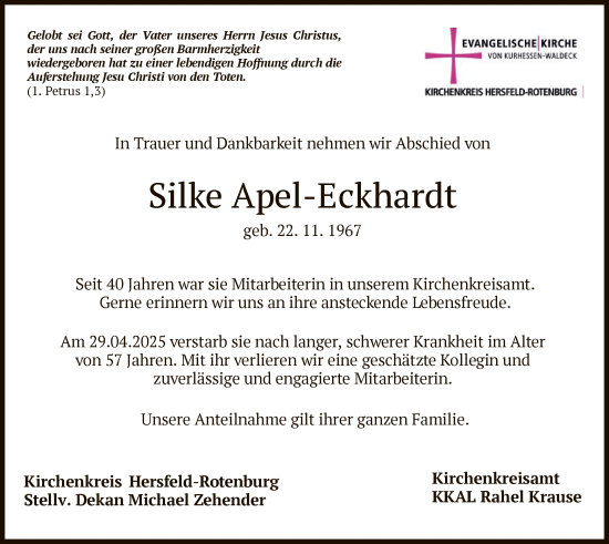 Todesanzeige von Silke Apel-Eckhardt von HZ