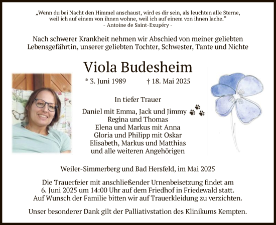 Todesanzeige von Viola Budesheim von HZ