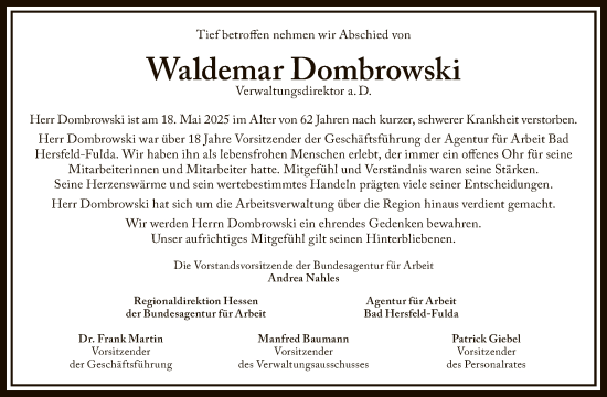 Todesanzeige von Waldemar Dombrowski von HZ