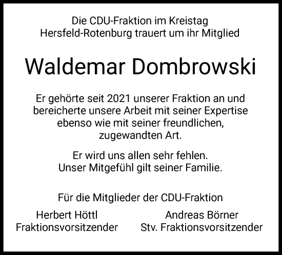 Todesanzeige von Waldemar Dombrowski von HZ