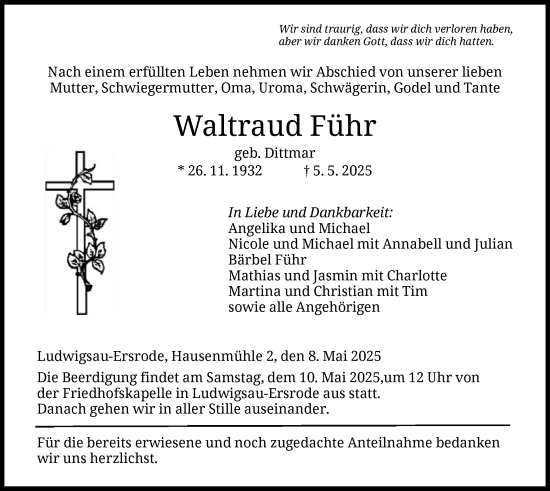 Todesanzeige von Waltraud Führ von HZ