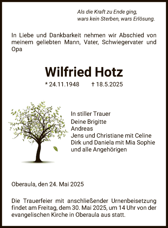 Todesanzeige von Wilfried Hotz von HNAHZ